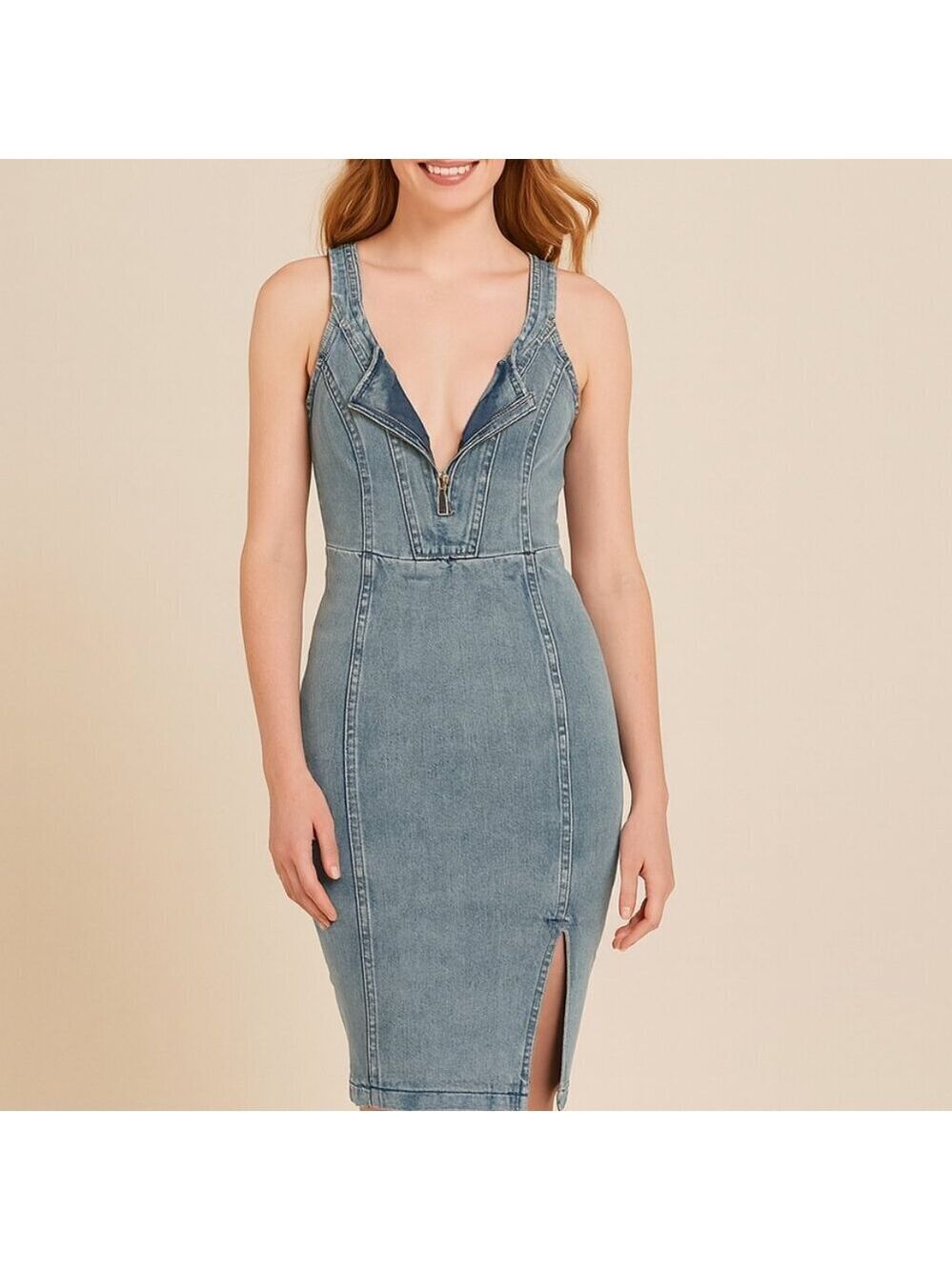 Denim Bodycon Midi Dress Front Slit Zipper V Neck